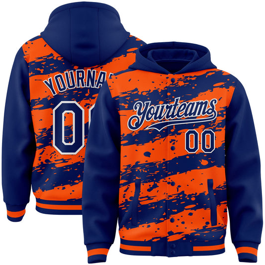 Custom Orange Royal-White Splash 3D Pattern Design Bomber Full-Snap Varsity Letterman Hoodie Jacket - Main View