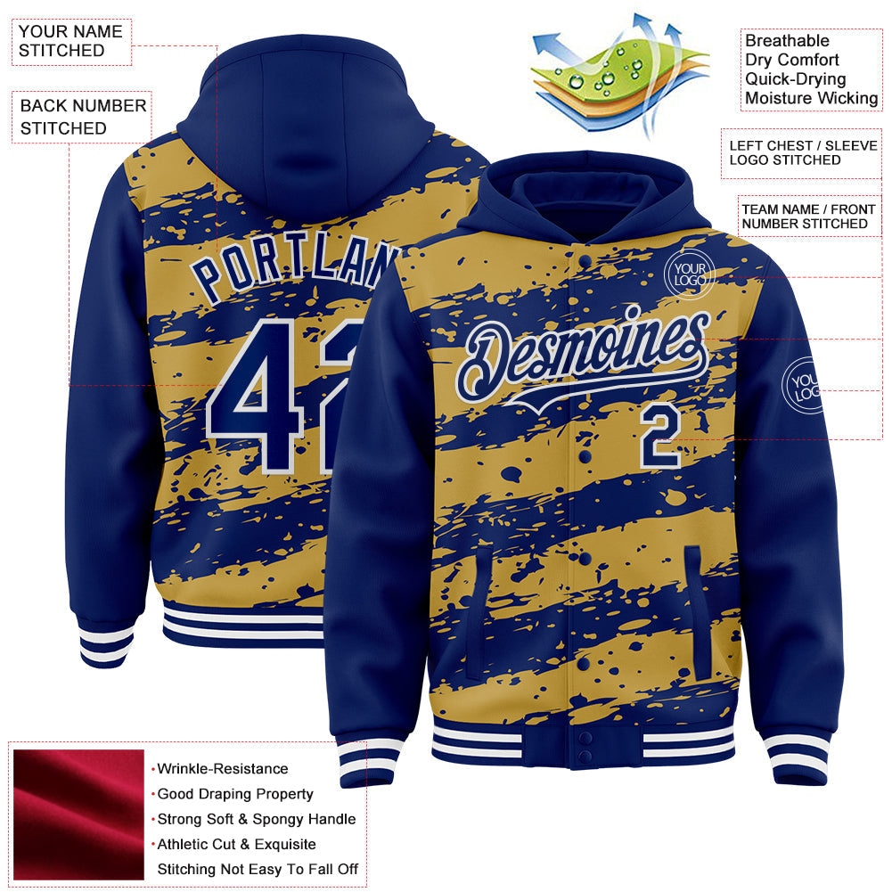 Custom Old Gold Royal-White Splash 3D Pattern Design Bomber Full-Snap Varsity Letterman Hoodie Jacket view 4