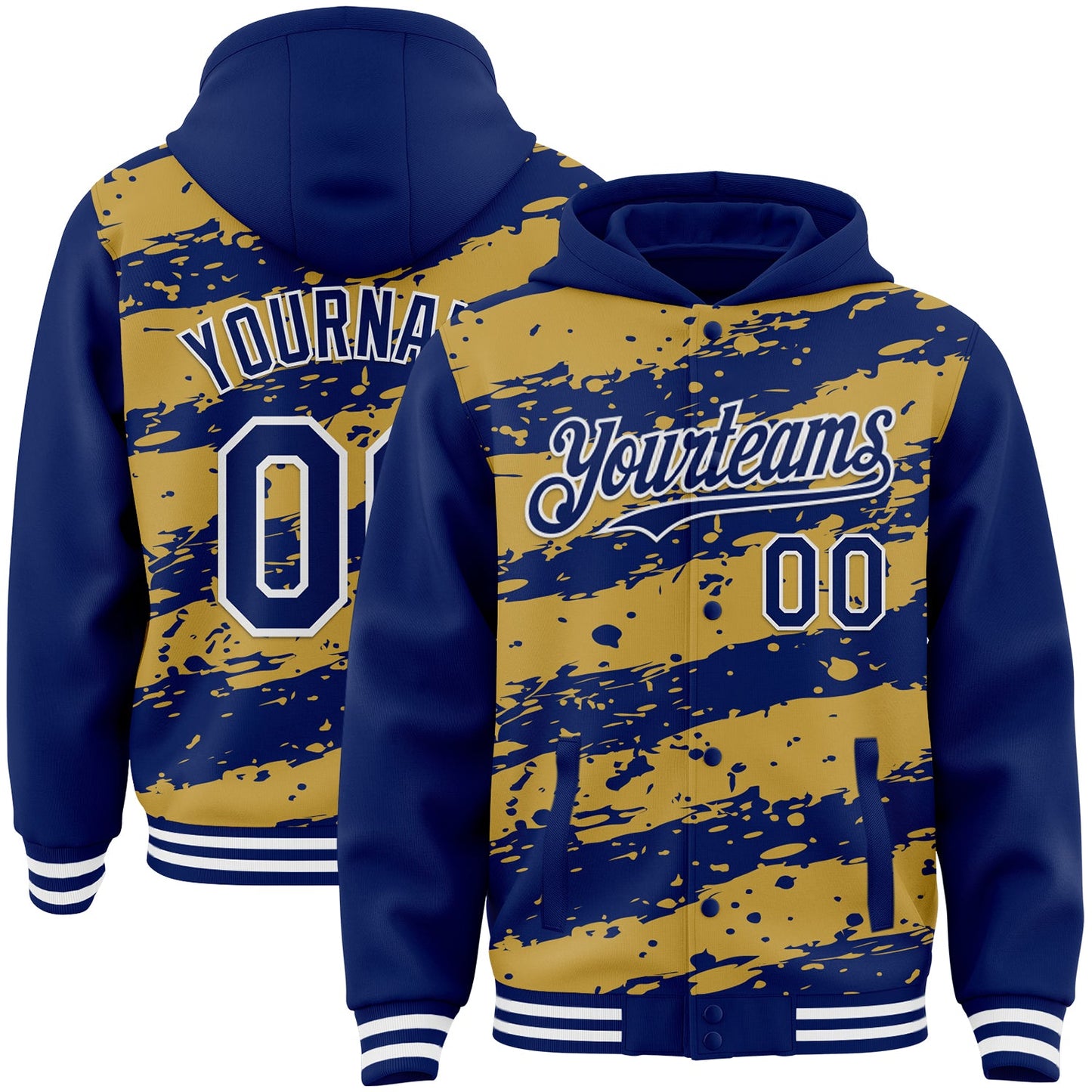 Custom Old Gold Royal-White Splash 3D Pattern Design Bomber Full-Snap Varsity Letterman Hoodie Jacket - Main View