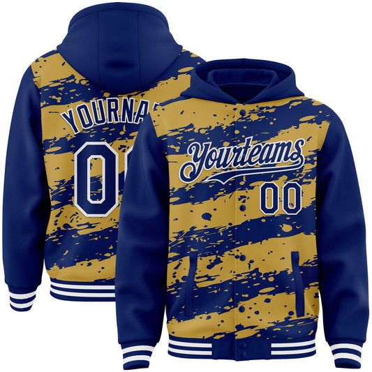 Custom Old Gold Royal-White Splash 3D Pattern Design Bomber Full-Snap Varsity Letterman Hoodie Jacket - Main View