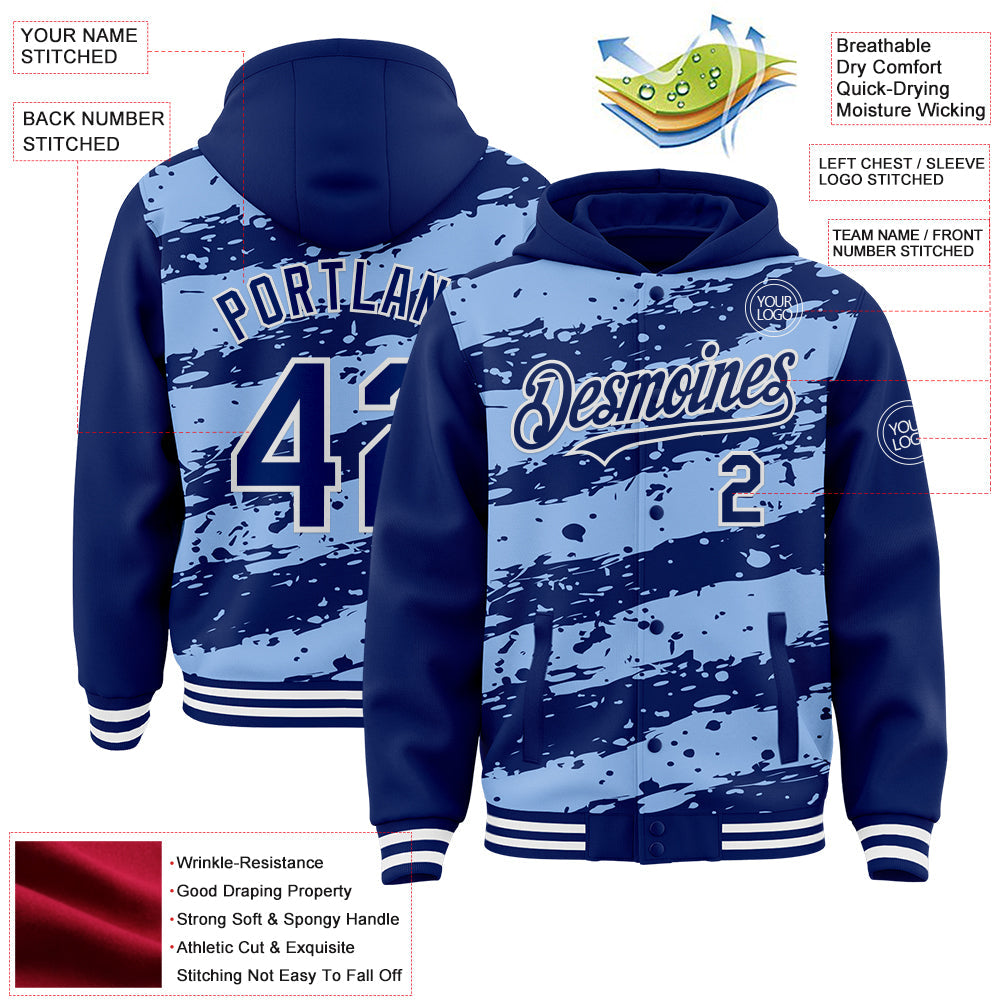 Custom Light Blue Royal-White Splash 3D Pattern Design Bomber Full-Snap Varsity Letterman Hoodie Jacket view 4