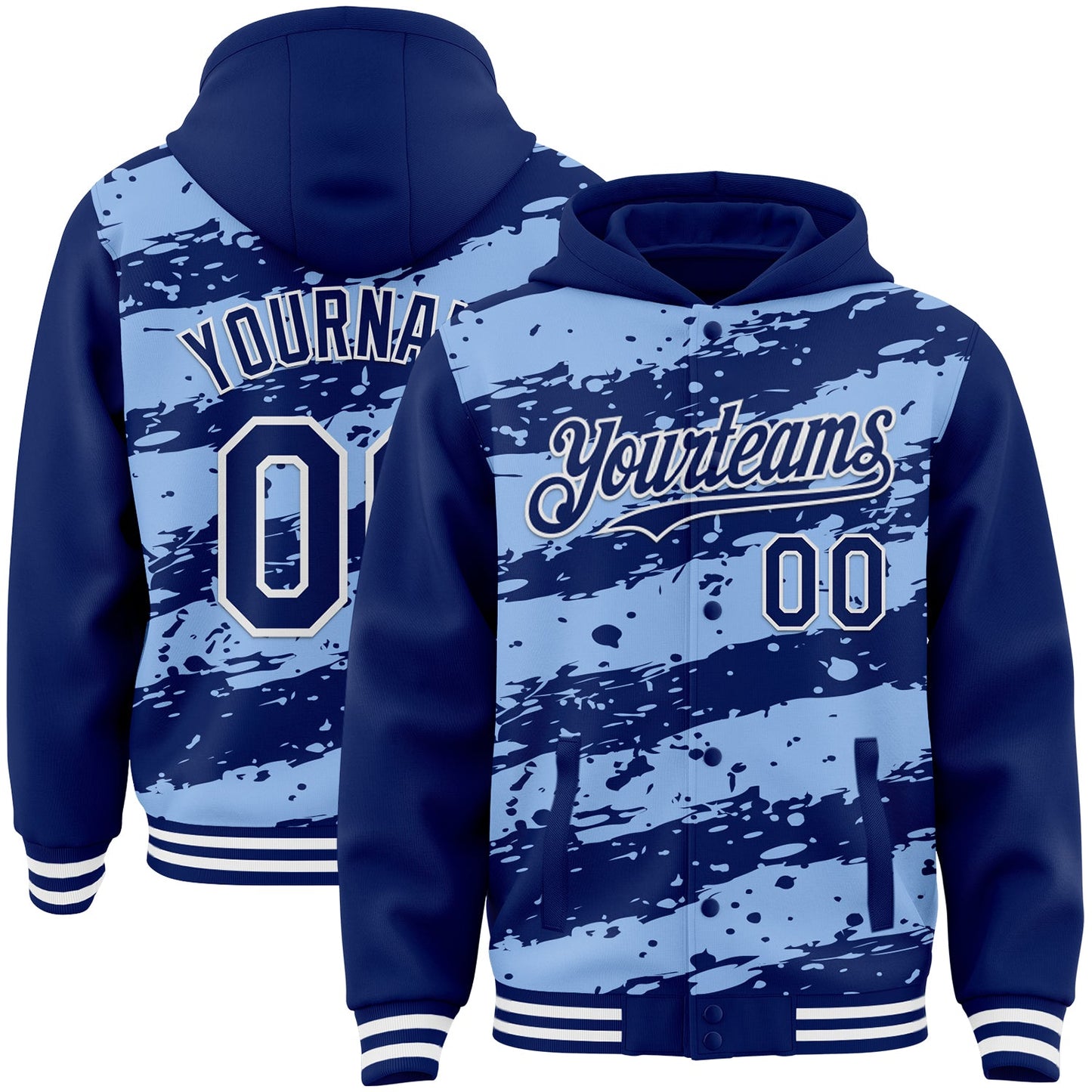 Custom Light Blue Royal-White Splash 3D Pattern Design Bomber Full-Snap Varsity Letterman Hoodie Jacket - Main View