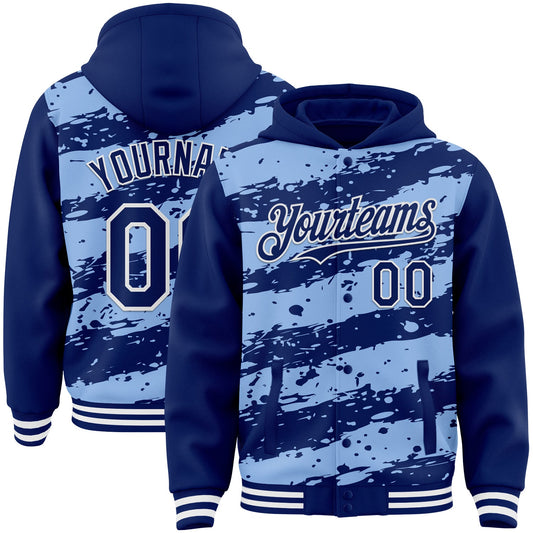 Custom Light Blue Royal-White Splash 3D Pattern Design Bomber Full-Snap Varsity Letterman Hoodie Jacket - Main View