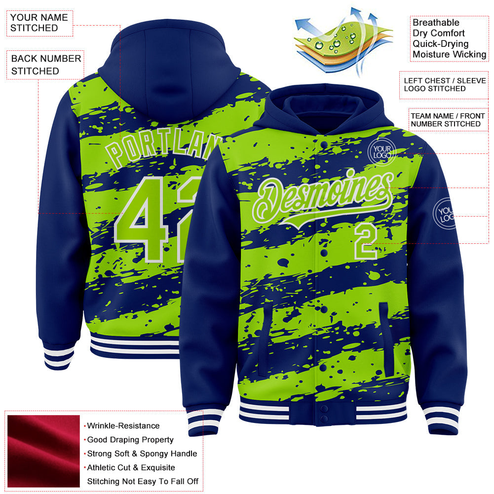 Custom Royal Neon Green-White Splash 3D Pattern Design Bomber Full-Snap Varsity Letterman Hoodie Jacket view 4
