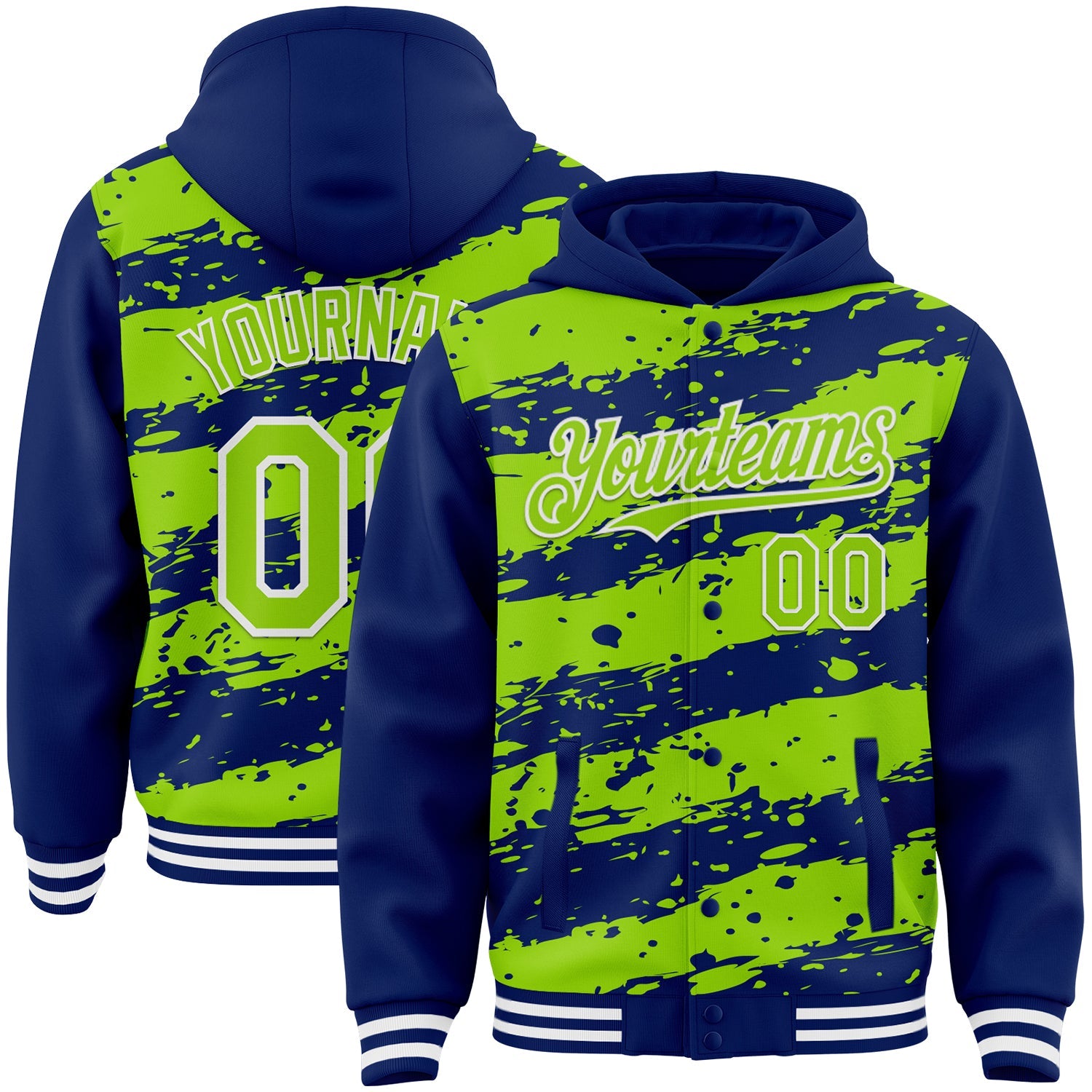 Custom Royal Neon Green-White Splash 3D Pattern Design Bomber Full-Snap Varsity Letterman Hoodie Jacket - Main View