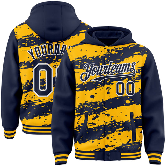 Custom Gold Navy-White Splash 3D Pattern Design Bomber Full-Snap Varsity Letterman Hoodie Jacket - Main View