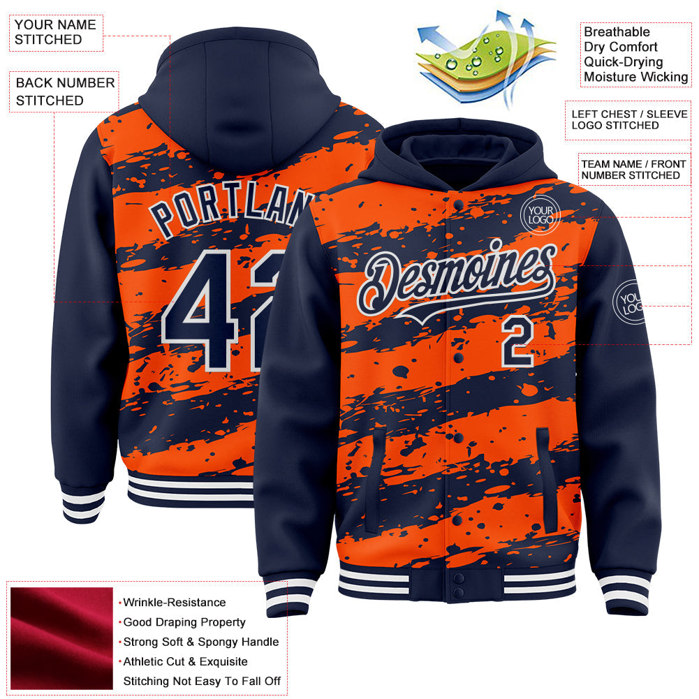 Custom Orange Navy-White Splash 3D Pattern Design Bomber Full-Snap Varsity Letterman Hoodie Jacket view 4