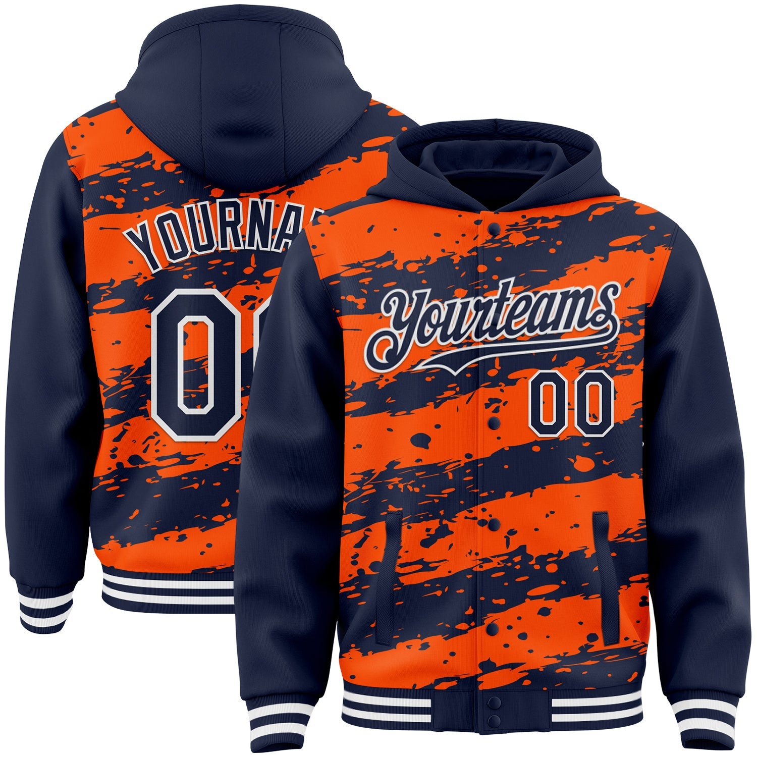 Custom Orange Navy-White Splash 3D Pattern Design Bomber Full-Snap Varsity Letterman Hoodie Jacket - Main View