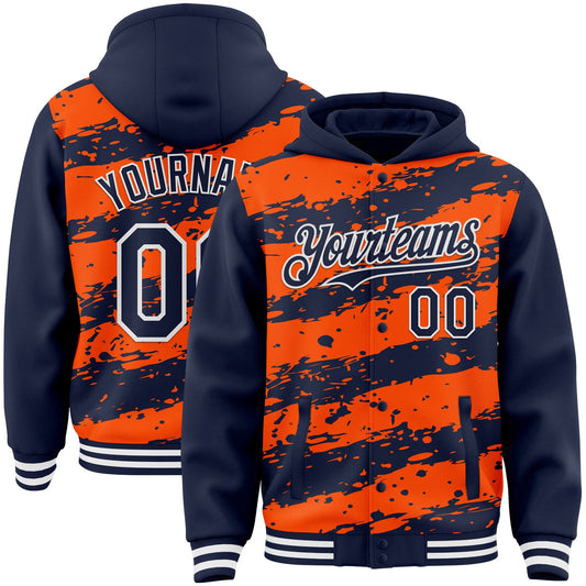 Custom Orange Navy-White Splash 3D Pattern Design Bomber Full-Snap Varsity Letterman Hoodie Jacket - Main View