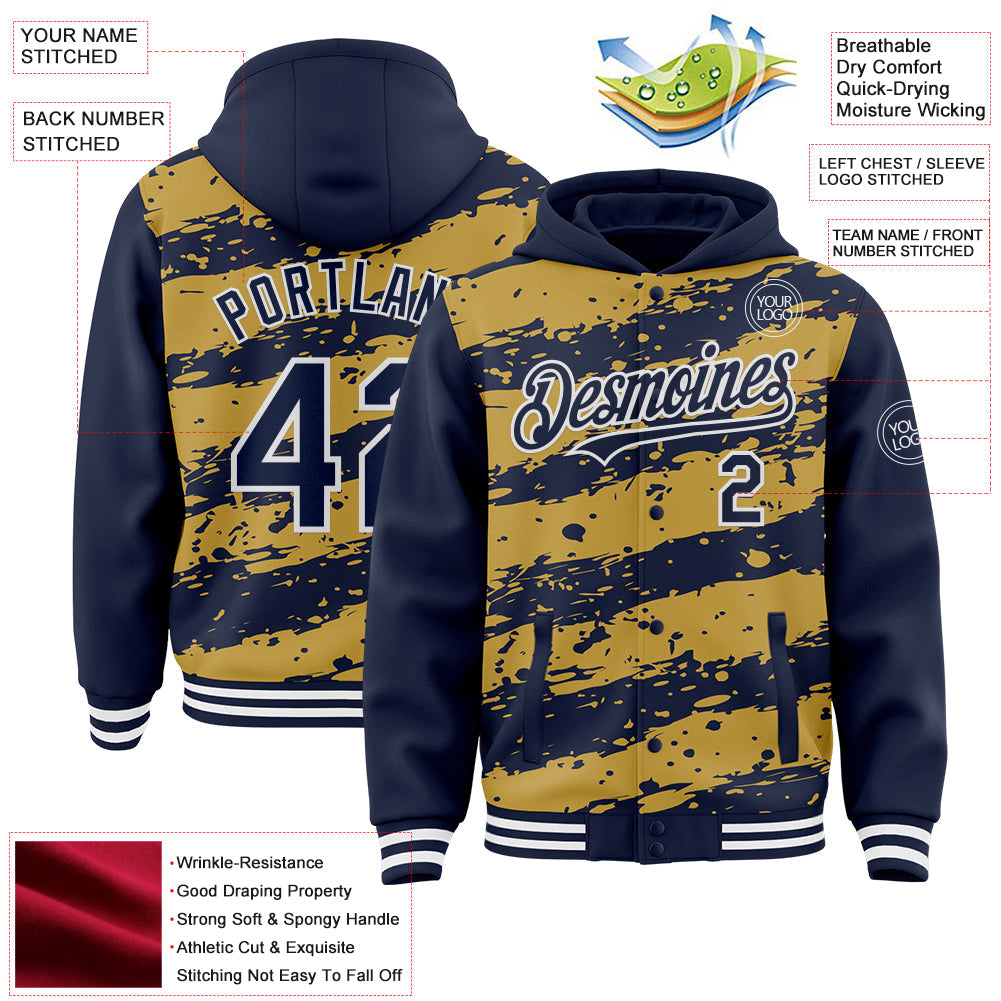 Custom Old Gold Navy-White Splash 3D Pattern Design Bomber Full-Snap Varsity Letterman Hoodie Jacket view 4