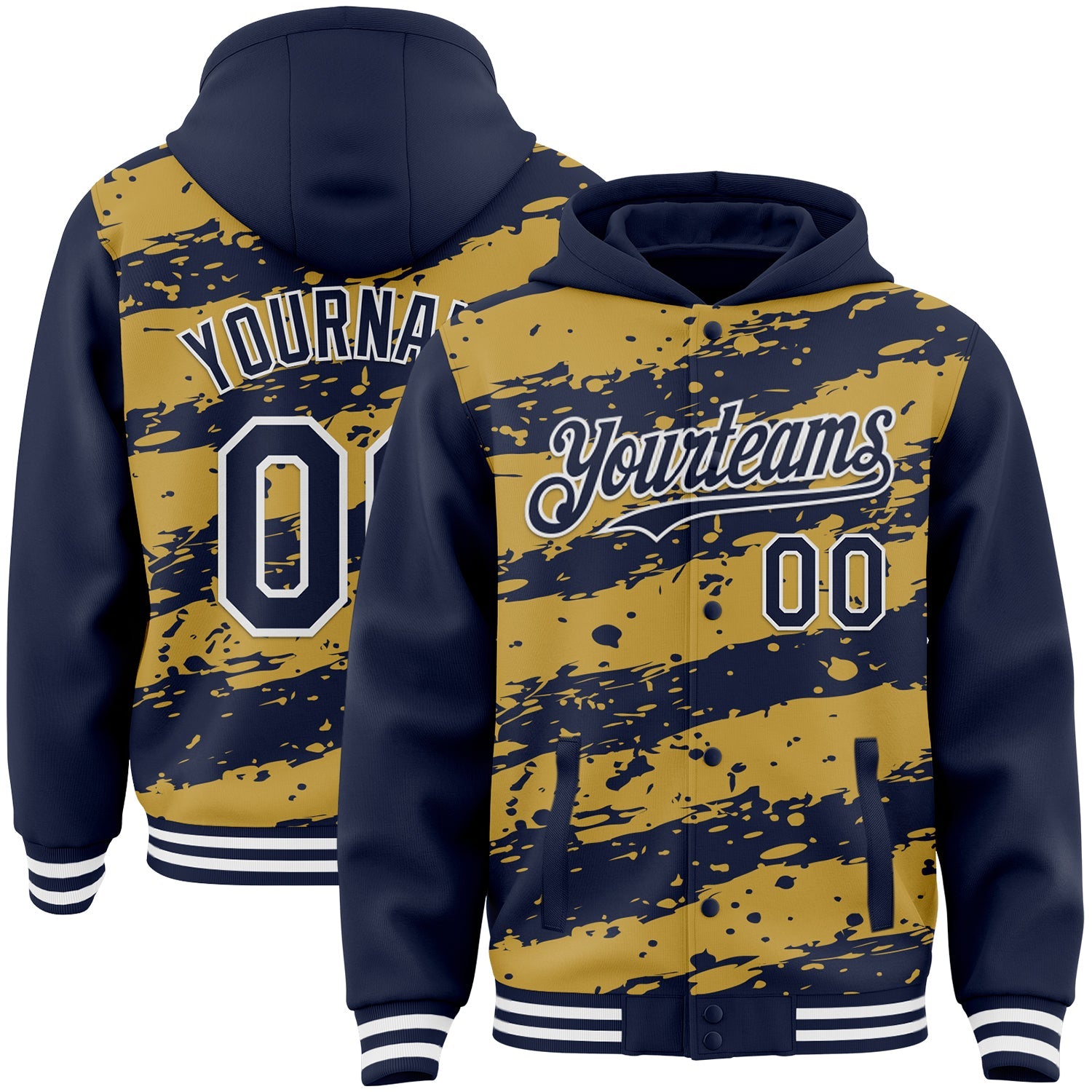 Custom Old Gold Navy-White Splash 3D Pattern Design Bomber Full-Snap Varsity Letterman Hoodie Jacket - Main View