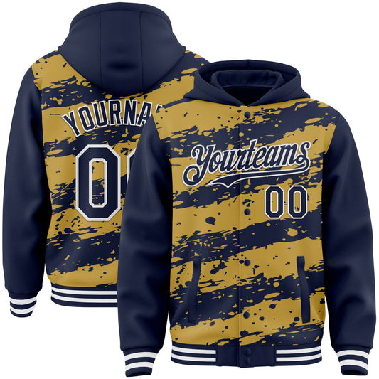 Custom Old Gold Navy-White Splash 3D Pattern Design Bomber Full-Snap Varsity Letterman Hoodie Jacket - Main View