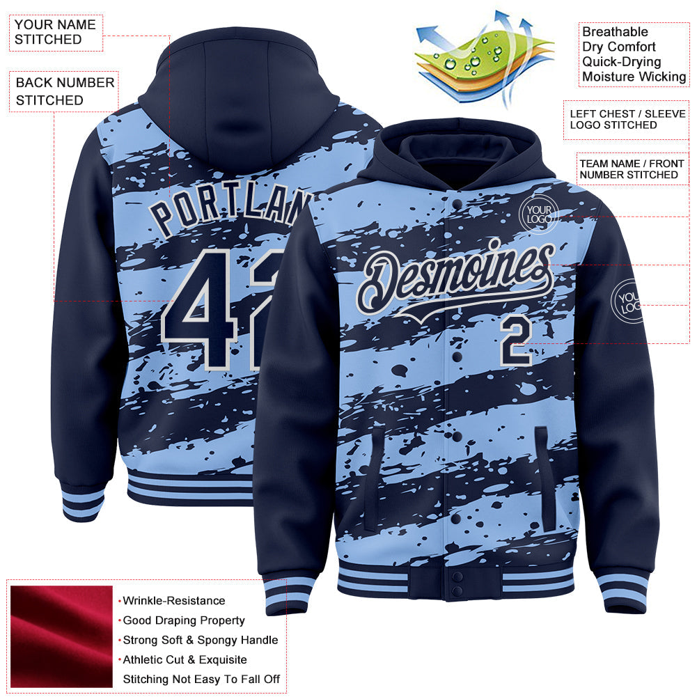 Custom Light Blue Navy-White Splash 3D Pattern Design Bomber Full-Snap Varsity Letterman Hoodie Jacket view 4