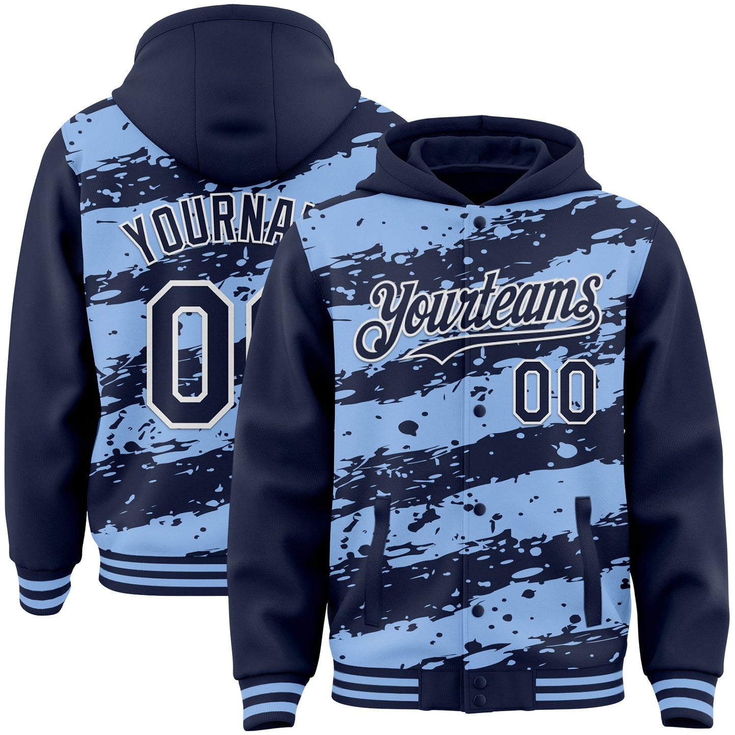 Custom Light Blue Navy-White Splash 3D Pattern Design Bomber Full-Snap Varsity Letterman Hoodie Jacket - Main View