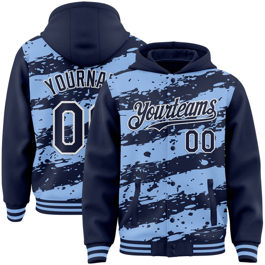 Custom Light Blue Navy-White Splash 3D Pattern Design Bomber Full-Snap Varsity Letterman Hoodie Jacket - Main View