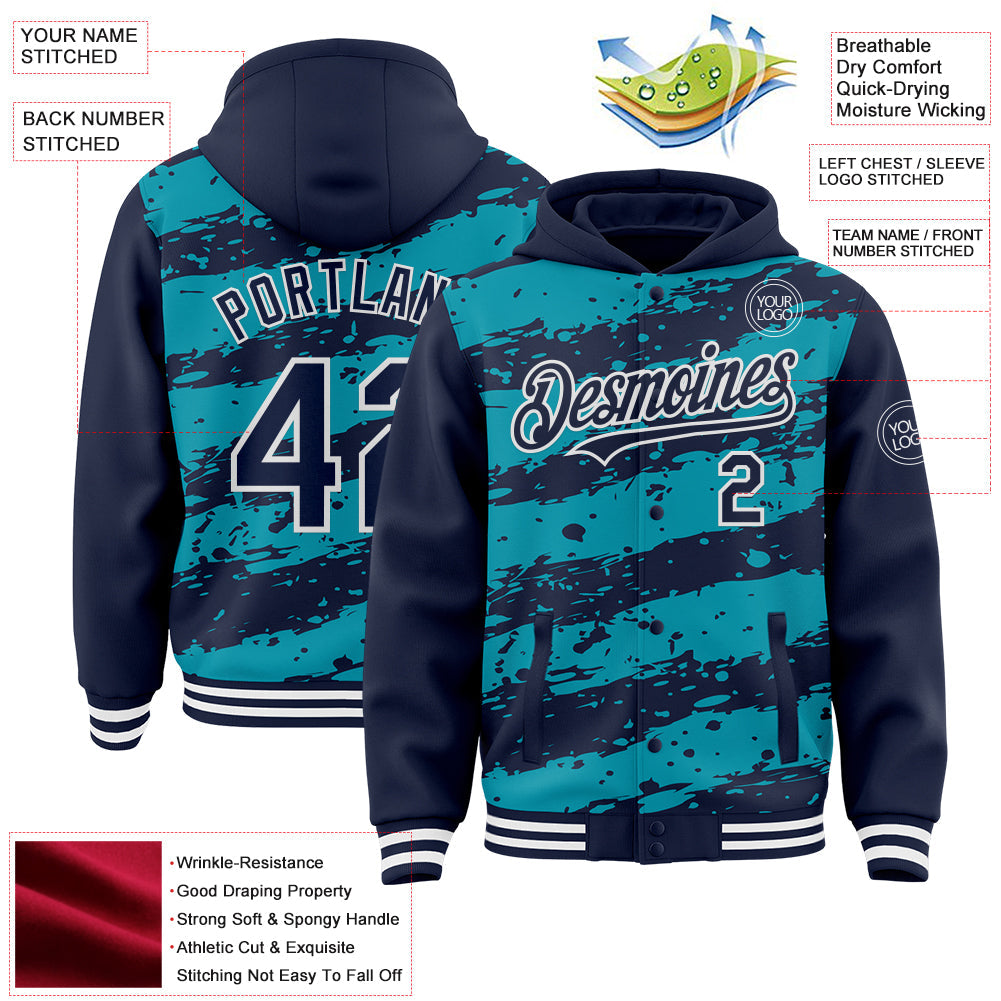 Custom Teal Navy-White Splash 3D Pattern Design Bomber Full-Snap Varsity Letterman Hoodie Jacket view 4