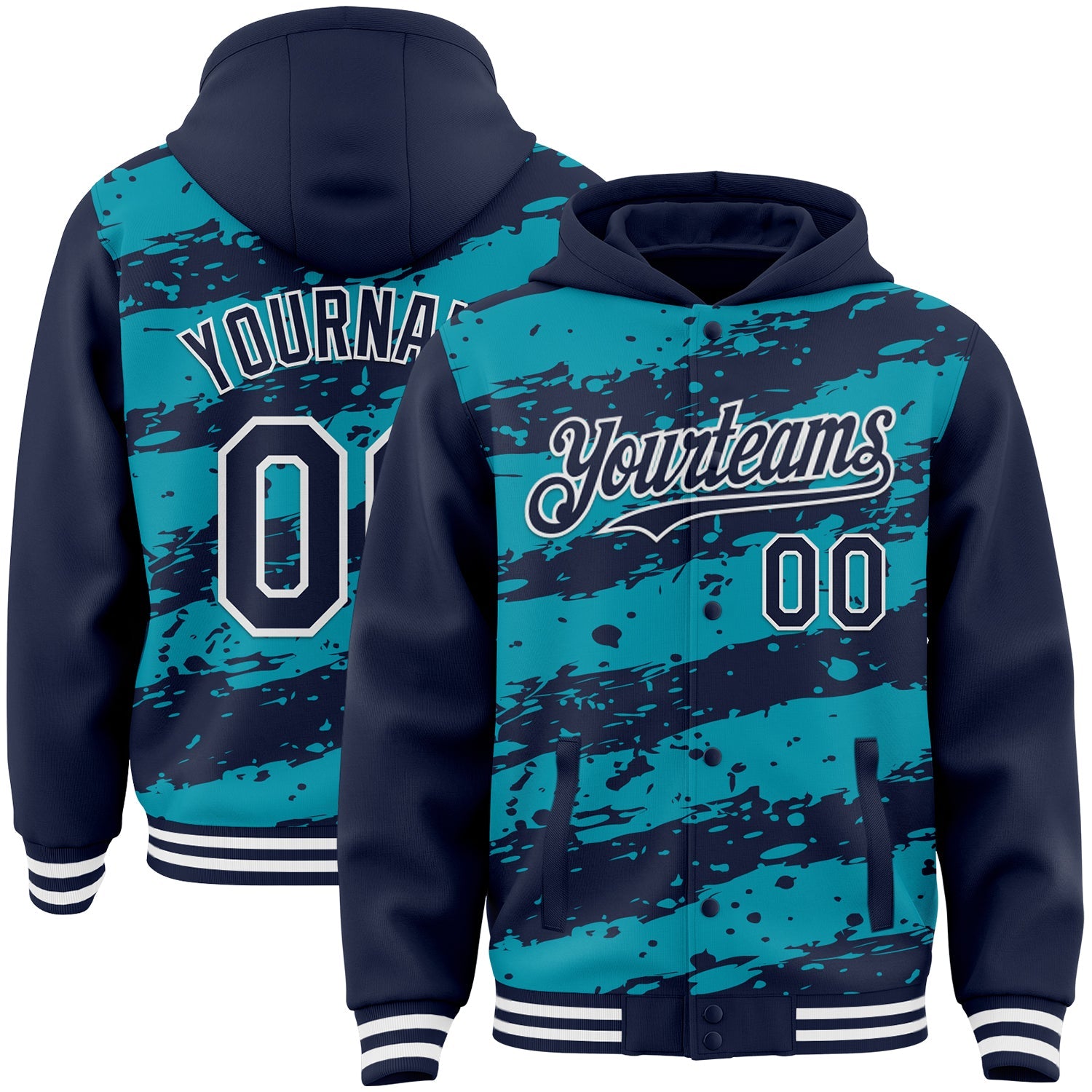 Custom Teal Navy-White Splash 3D Pattern Design Bomber Full-Snap Varsity Letterman Hoodie Jacket - Main View