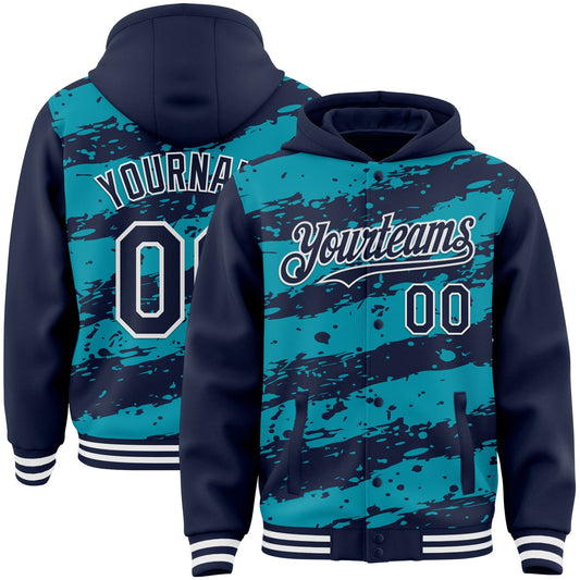 Custom Teal Navy-White Splash 3D Pattern Design Bomber Full-Snap Varsity Letterman Hoodie Jacket - Main View