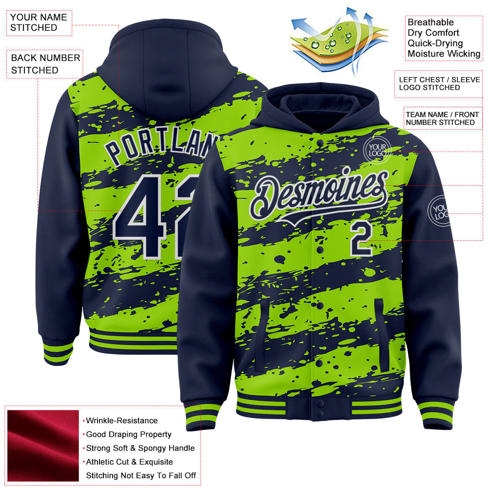 Custom Neon Green Navy-White Splash 3D Pattern Design Bomber Full-Snap Varsity Letterman Hoodie Jacket view 4
