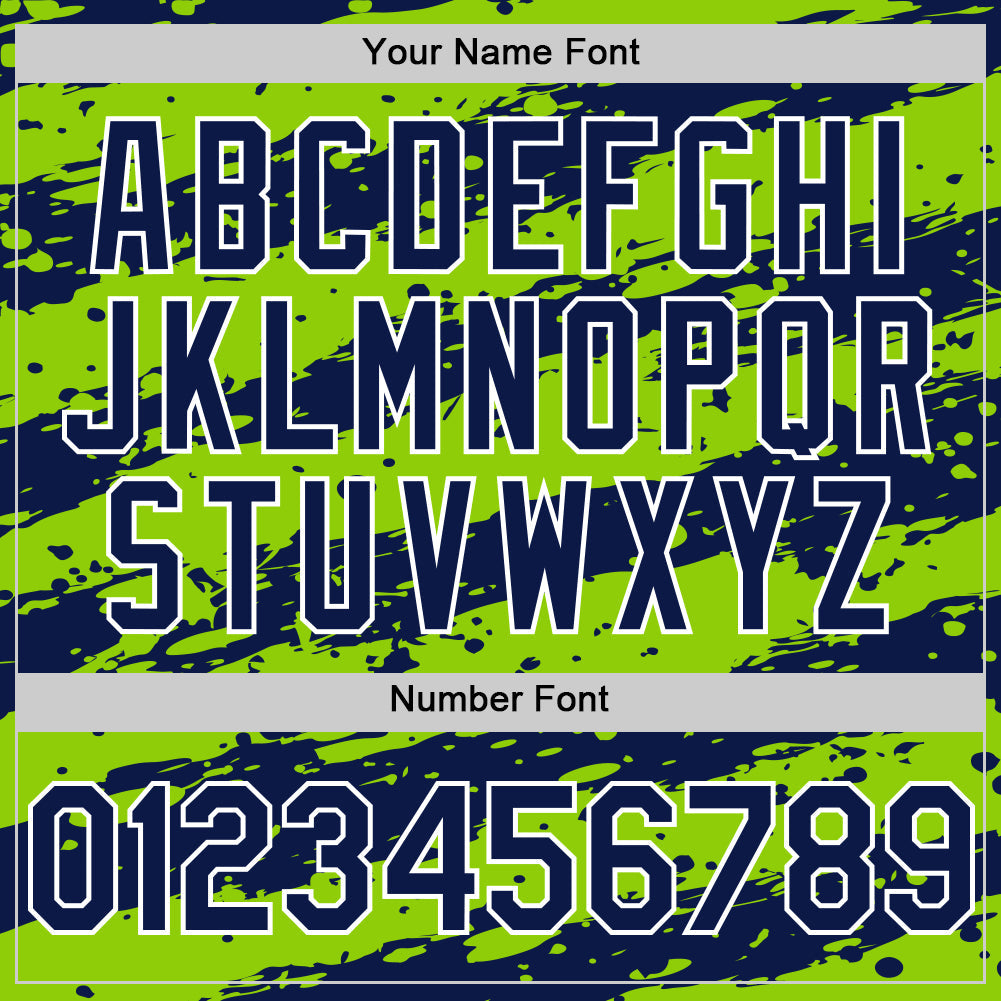 Custom Neon Green Navy-White Splash 3D Pattern Design Bomber Full-Snap Varsity Letterman Hoodie Jacket view 6