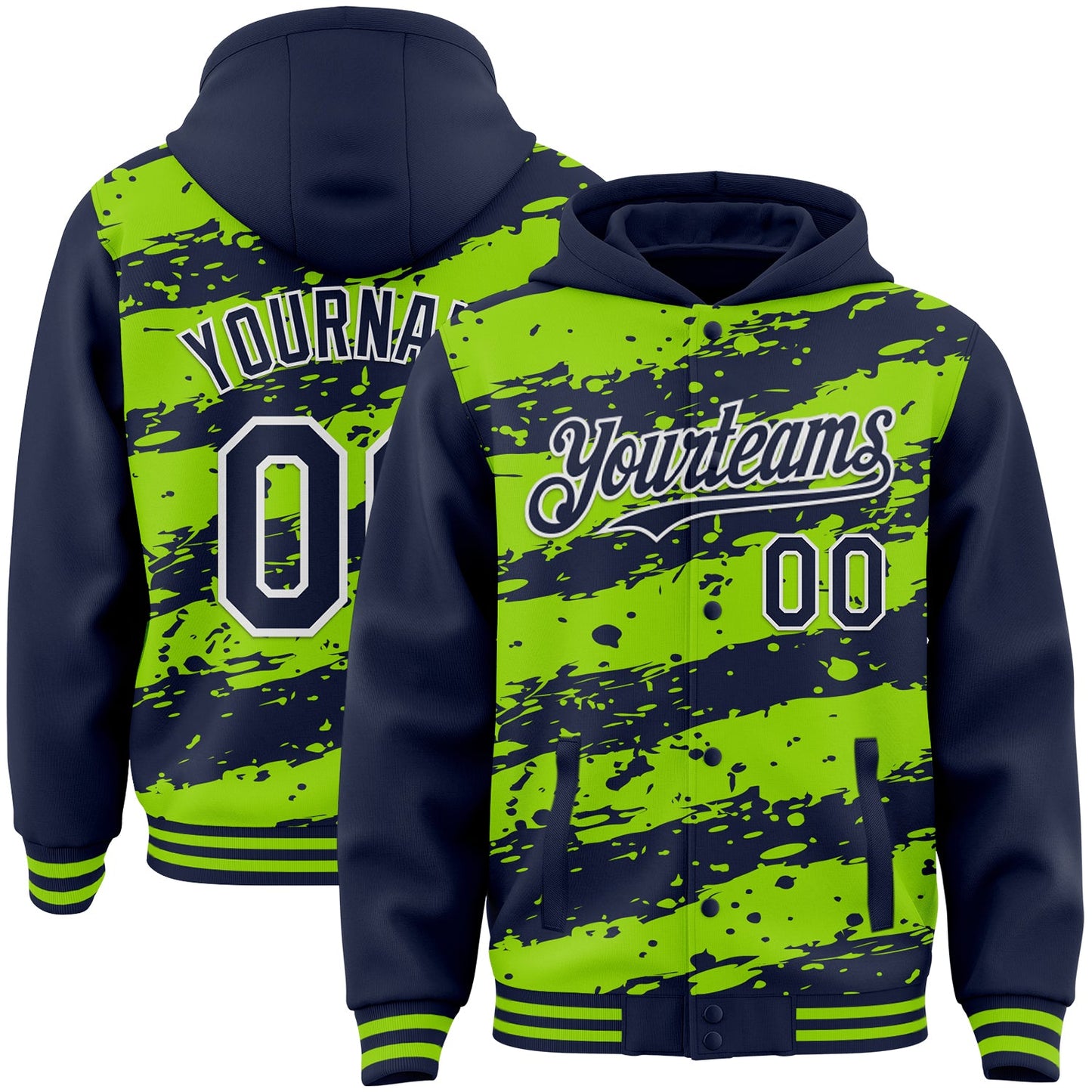 Custom Neon Green Navy-White Splash 3D Pattern Design Bomber Full-Snap Varsity Letterman Hoodie Jacket - Main View