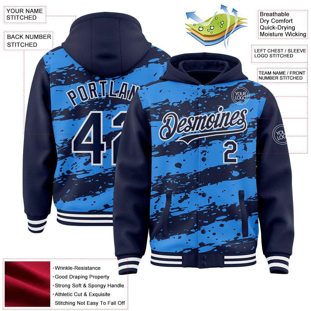 Custom Powder Blue Navy-White Splash 3D Pattern Design Bomber Full-Snap Varsity Letterman Hoodie Jacket view 4