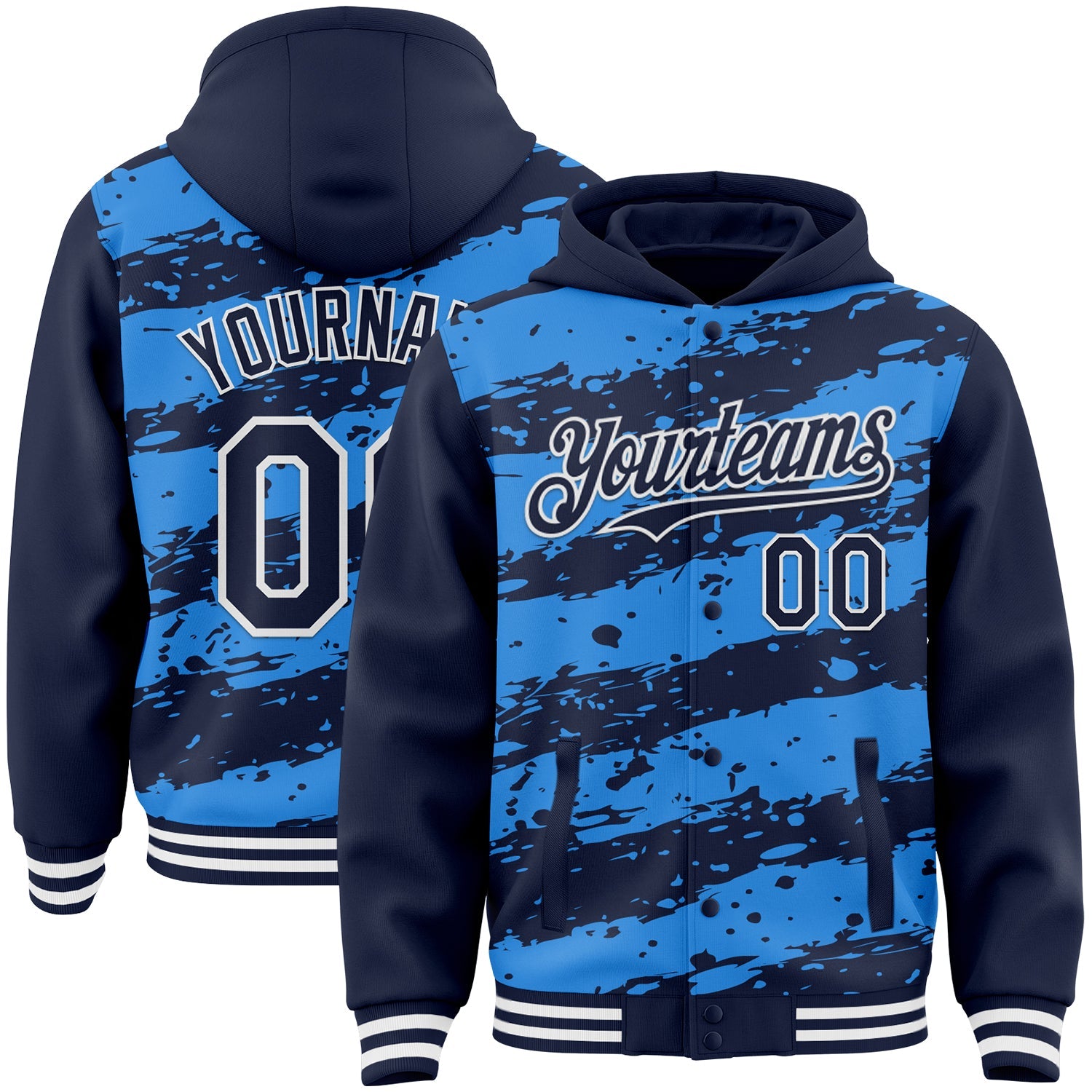 Custom Powder Blue Navy-White Splash 3D Pattern Design Bomber Full-Snap Varsity Letterman Hoodie Jacket - Main View