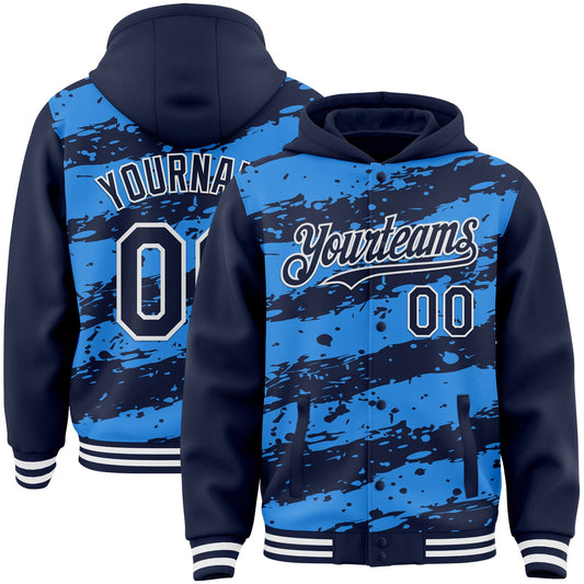 Custom Powder Blue Navy-White Splash 3D Pattern Design Bomber Full-Snap Varsity Letterman Hoodie Jacket - Main View