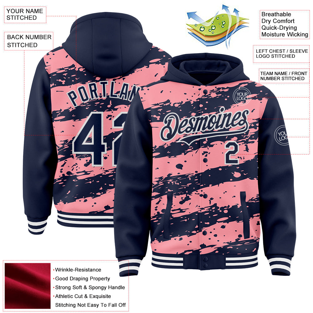 Custom Medium Pink Navy-White Splash 3D Pattern Design Bomber Full-Snap Varsity Letterman Hoodie Jacket view 4