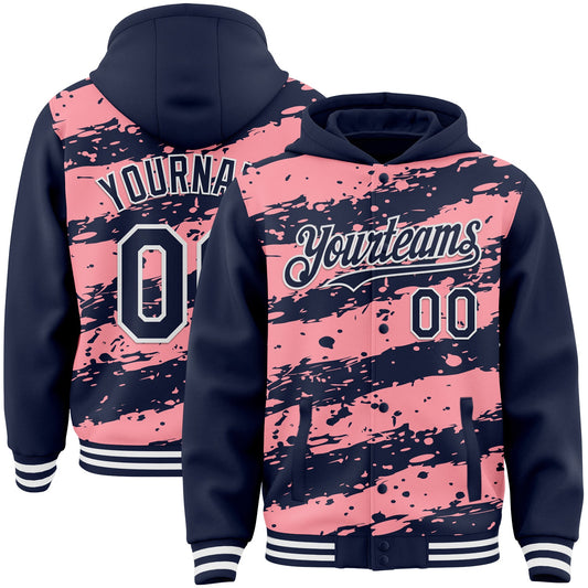 Custom Medium Pink Navy-White Splash 3D Pattern Design Bomber Full-Snap Varsity Letterman Hoodie Jacket - Main View