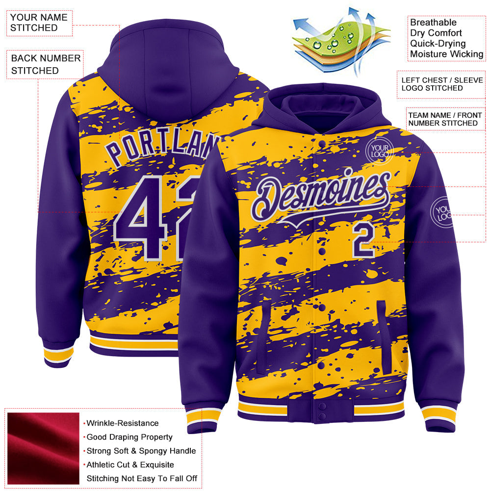 Custom Gold Purple-White Splash 3D Pattern Design Bomber Full-Snap Varsity Letterman Hoodie Jacket view 4