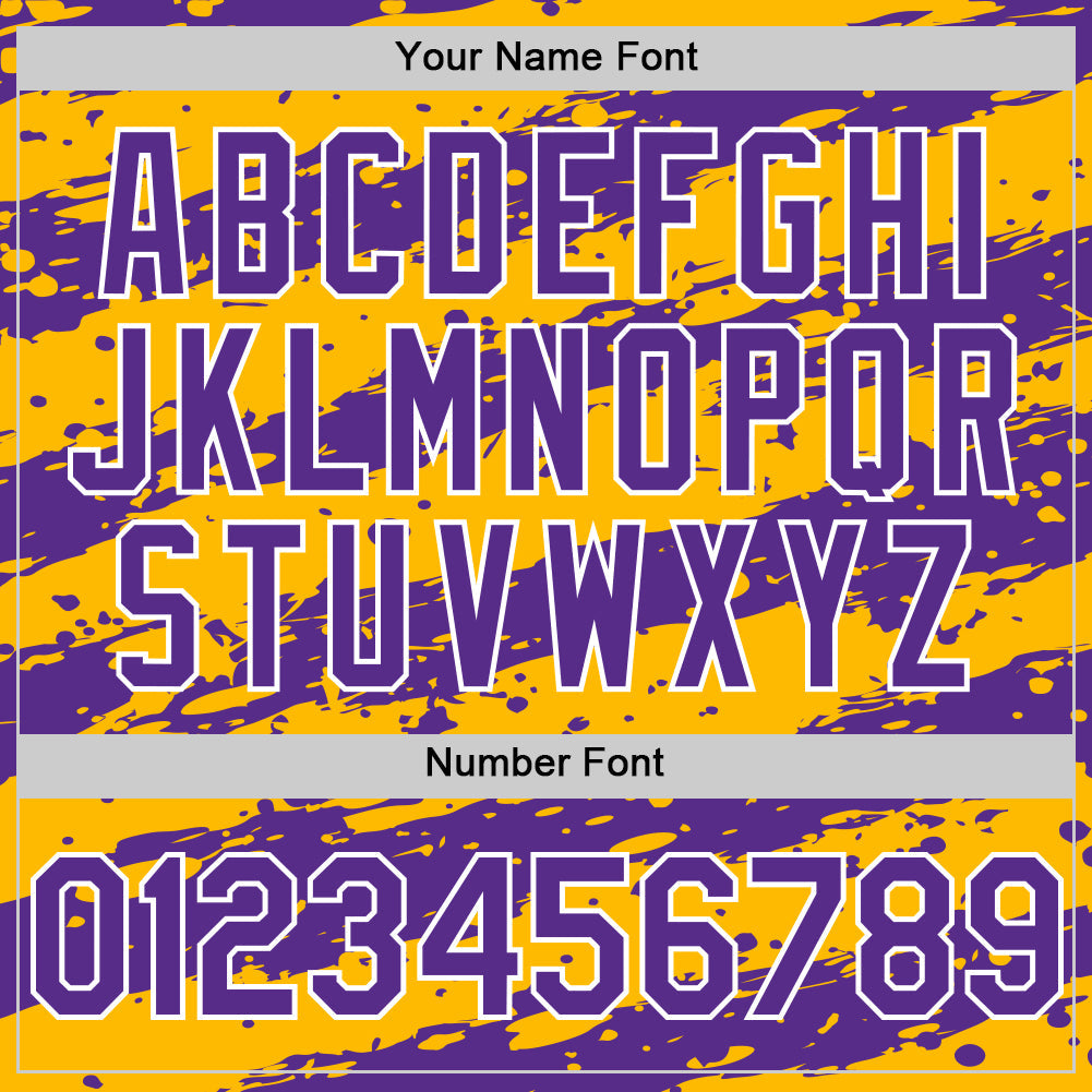 Custom Gold Purple-White Splash 3D Pattern Design Bomber Full-Snap Varsity Letterman Hoodie Jacket view 6