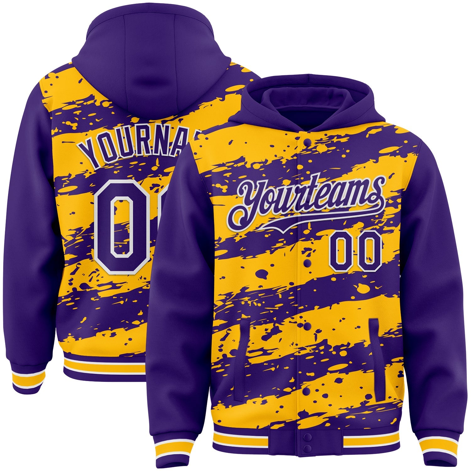 Custom Gold Purple-White Splash 3D Pattern Design Bomber Full-Snap Varsity Letterman Hoodie Jacket - Main View