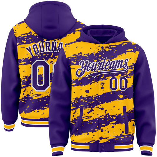 Custom Gold Purple-White Splash 3D Pattern Design Bomber Full-Snap Varsity Letterman Hoodie Jacket - Main View