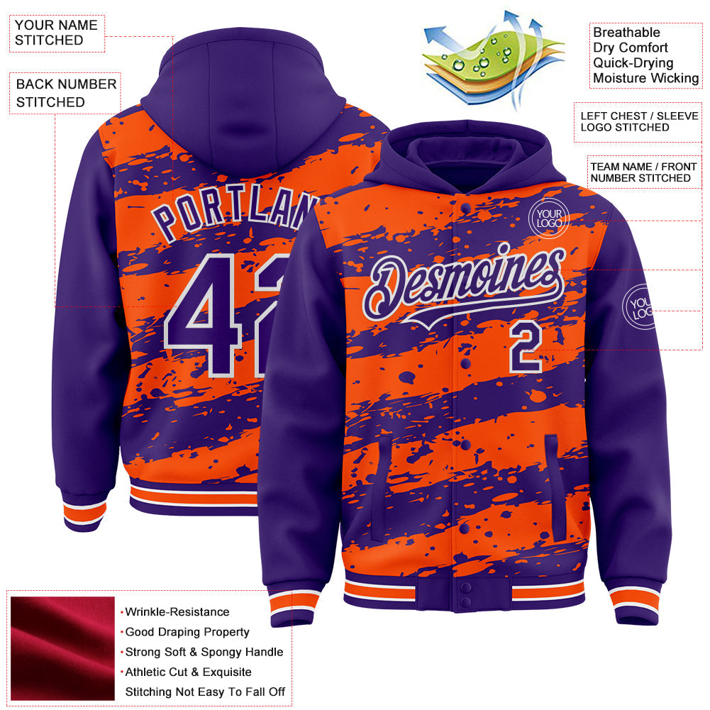 Custom Orange Purple-White Splash 3D Pattern Design Bomber Full-Snap Varsity Letterman Hoodie Jacket view 4