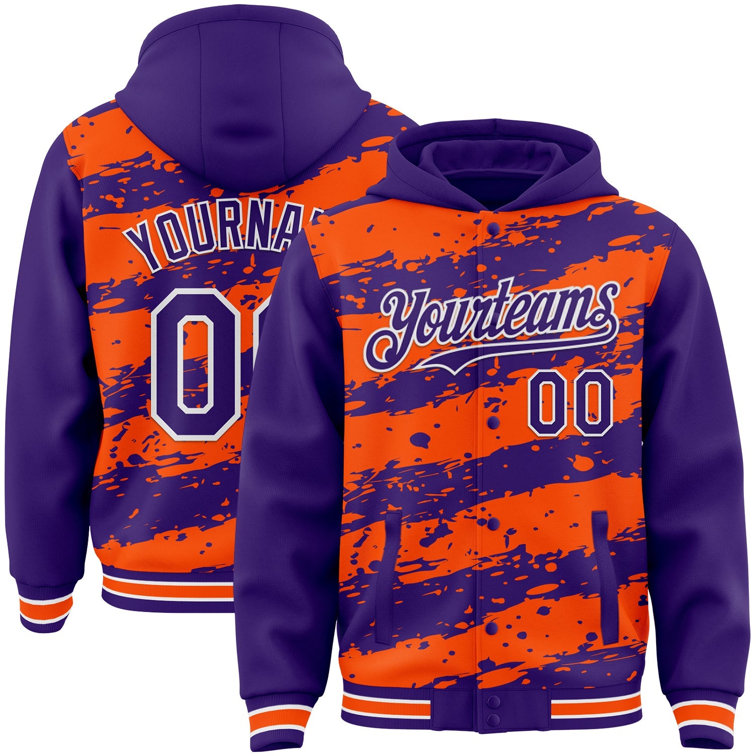 Custom Orange Purple-White Splash 3D Pattern Design Bomber Full-Snap Varsity Letterman Hoodie Jacket - Main View