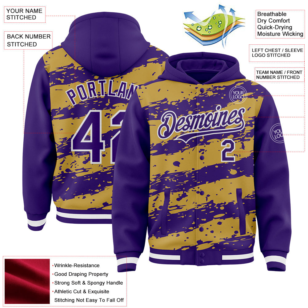 Custom Old Gold Purple-White Splash 3D Pattern Design Bomber Full-Snap Varsity Letterman Hoodie Jacket view 4