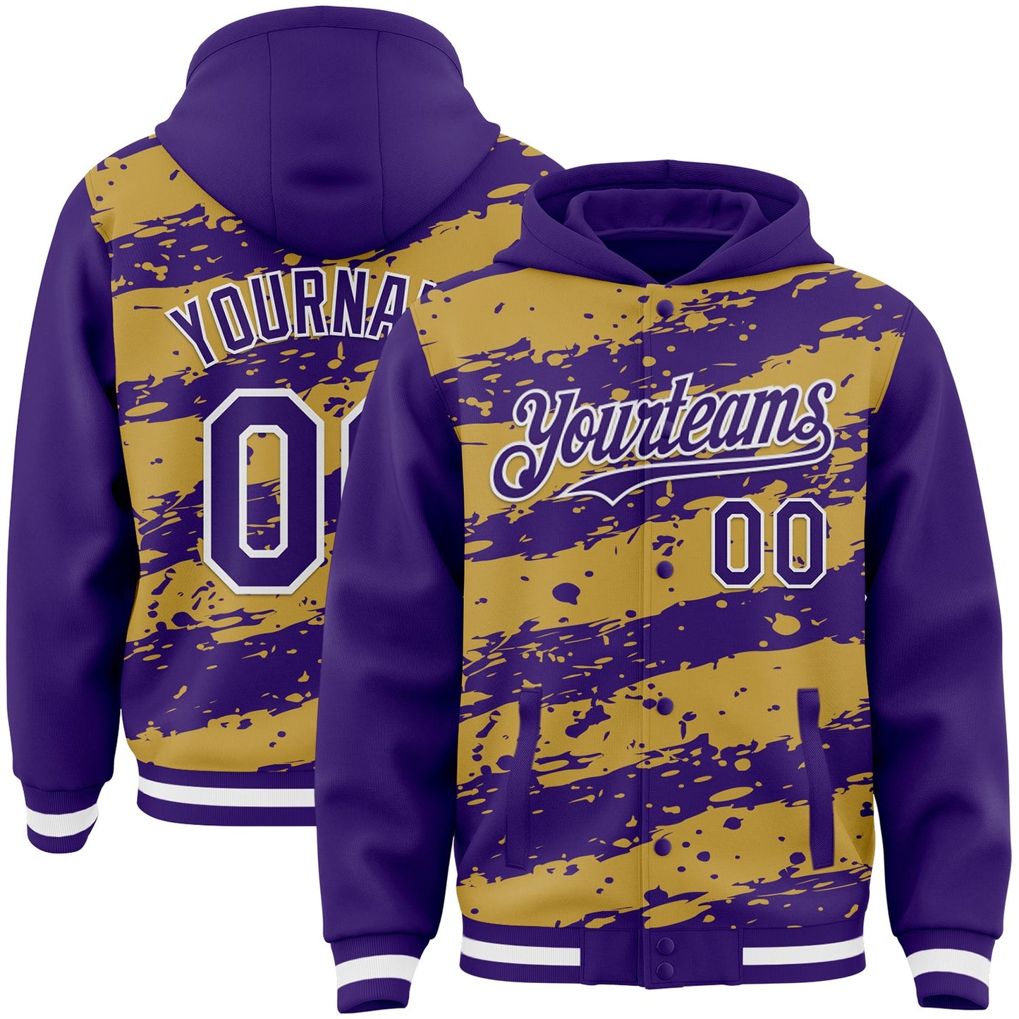 Custom Old Gold Purple-White Splash 3D Pattern Design Bomber Full-Snap Varsity Letterman Hoodie Jacket - Main View