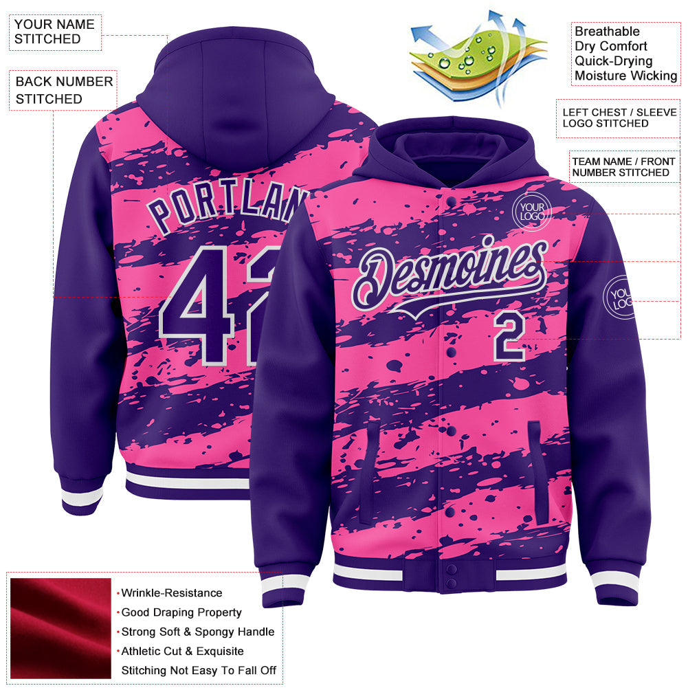 Custom Pink Purple-White Splash 3D Pattern Design Bomber Full-Snap Varsity Letterman Hoodie Jacket view 4