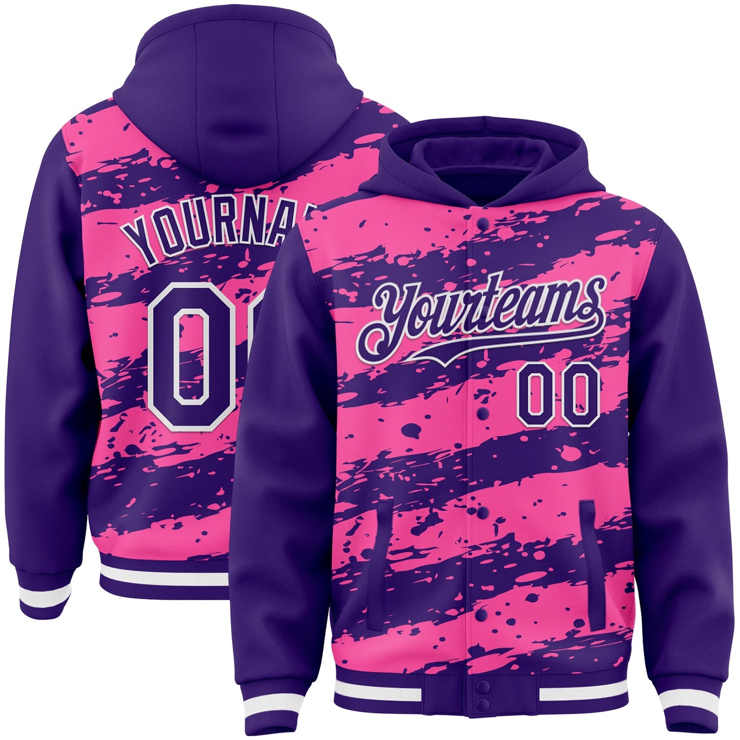 Custom Pink Purple-White Splash 3D Pattern Design Bomber Full-Snap Varsity Letterman Hoodie Jacket - Main View