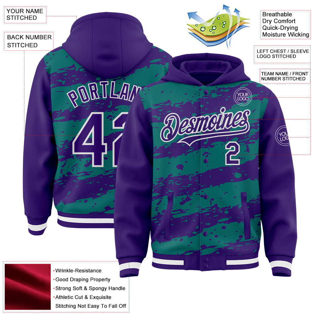 Custom Teal Purple-White Splash 3D Pattern Design Bomber Full-Snap Varsity Letterman Hoodie Jacket view 4