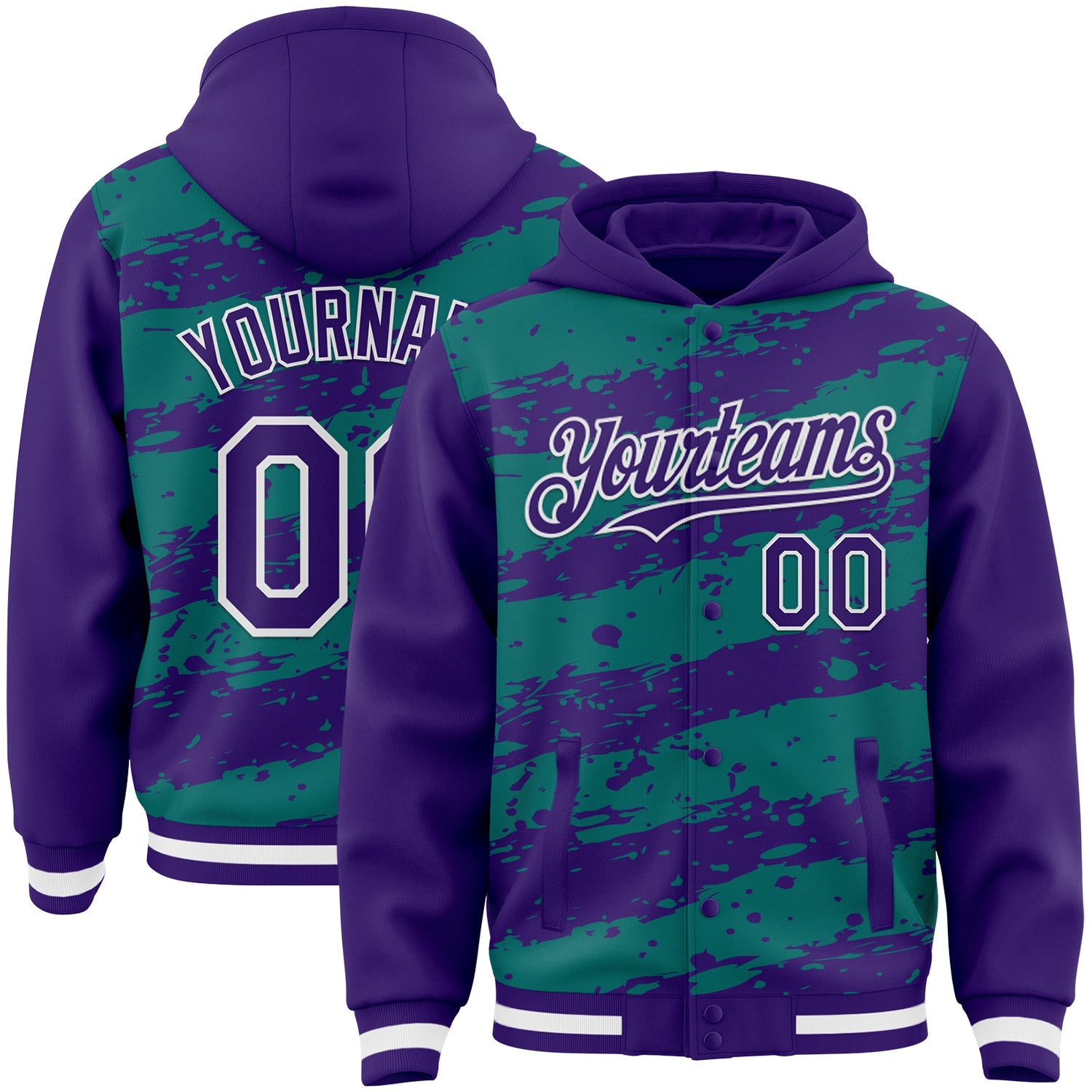 Custom Teal Purple-White Splash 3D Pattern Design Bomber Full-Snap Varsity Letterman Hoodie Jacket - Main View