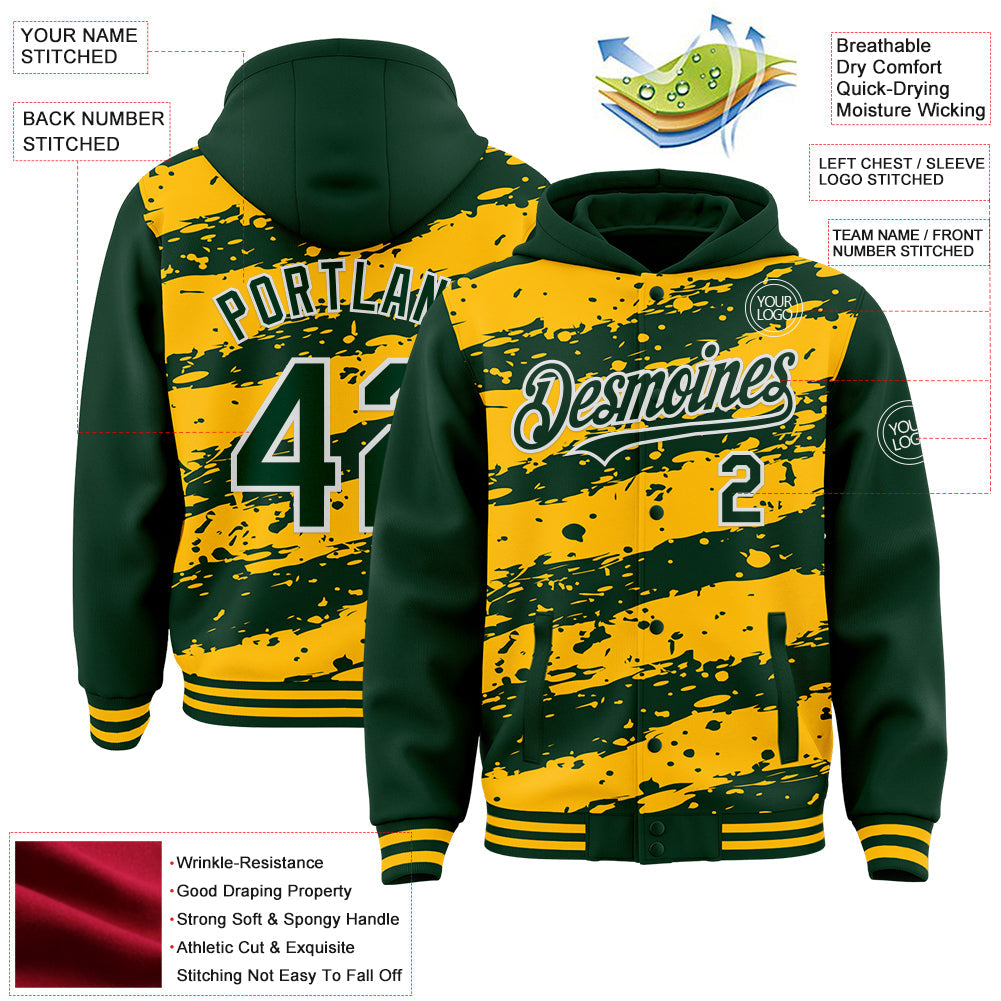 Custom Gold Green-White Splash 3D Pattern Design Bomber Full-Snap Varsity Letterman Hoodie Jacket view 4