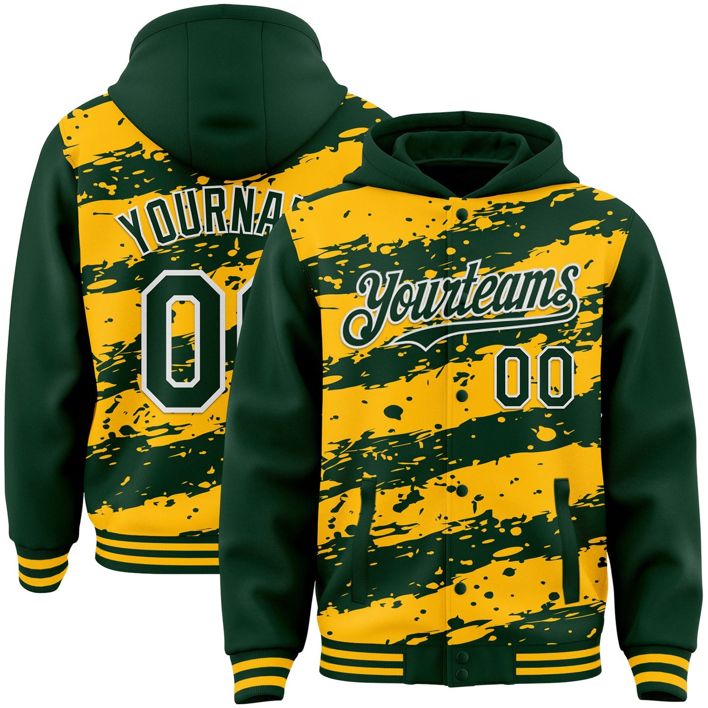 Custom Gold Green-White Splash 3D Pattern Design Bomber Full-Snap Varsity Letterman Hoodie Jacket - Main View