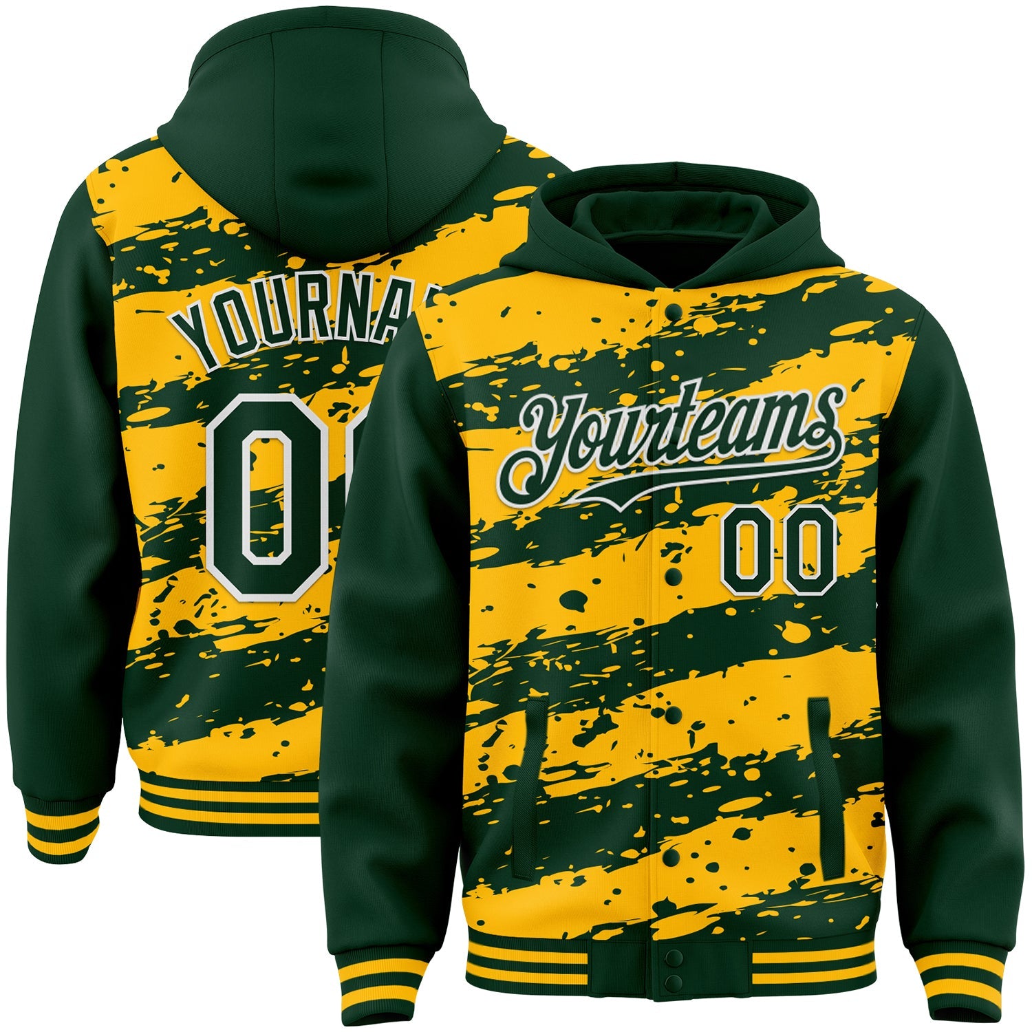 Custom Gold Green-White Splash 3D Pattern Design Bomber Full-Snap Varsity Letterman Hoodie Jacket - Main View