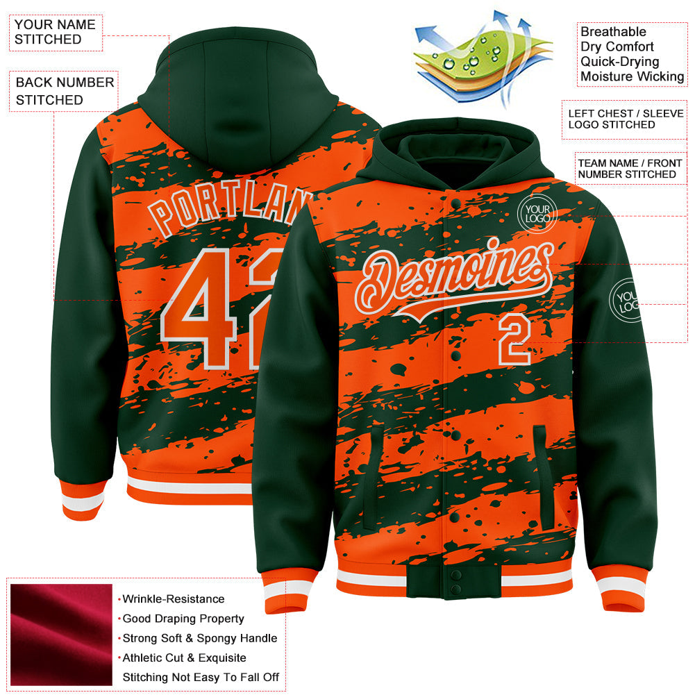Custom Green Orange-White Splash 3D Pattern Design Bomber Full-Snap Varsity Letterman Hoodie Jacket view 4