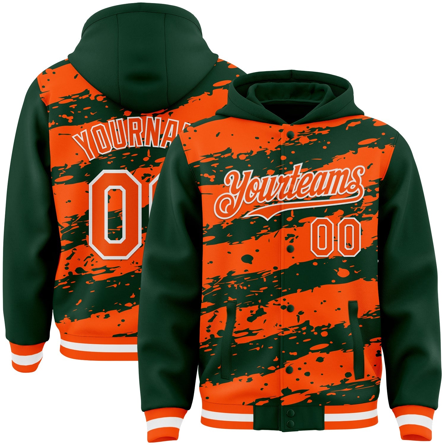 Custom Green Orange-White Splash 3D Pattern Design Bomber Full-Snap Varsity Letterman Hoodie Jacket - Main View