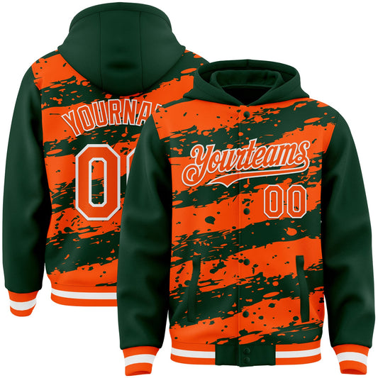 Custom Green Orange-White Splash 3D Pattern Design Bomber Full-Snap Varsity Letterman Hoodie Jacket - Main View