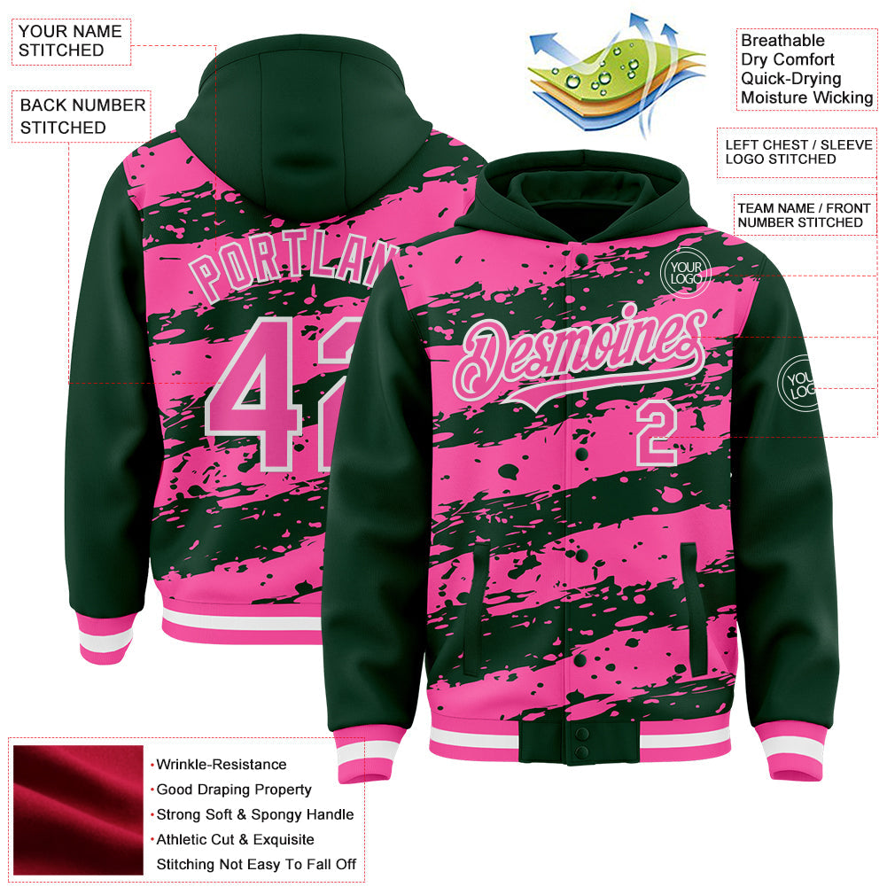 Custom Green Pink-White Splash 3D Pattern Design Bomber Full-Snap Varsity Letterman Hoodie Jacket view 4
