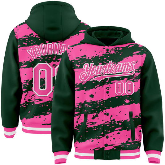 Custom Green Pink-White Splash 3D Pattern Design Bomber Full-Snap Varsity Letterman Hoodie Jacket - Main View